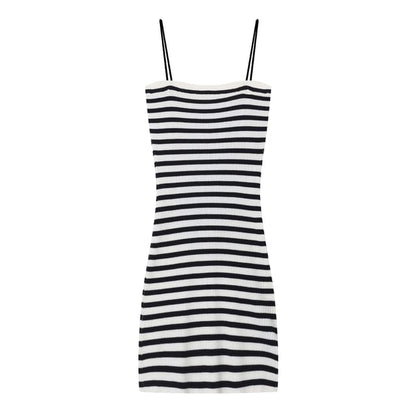 Spaghetti Strap Striped Mini Bodycon Dress / Flared-Sleeve Plain Pointelle Knit Cardigan