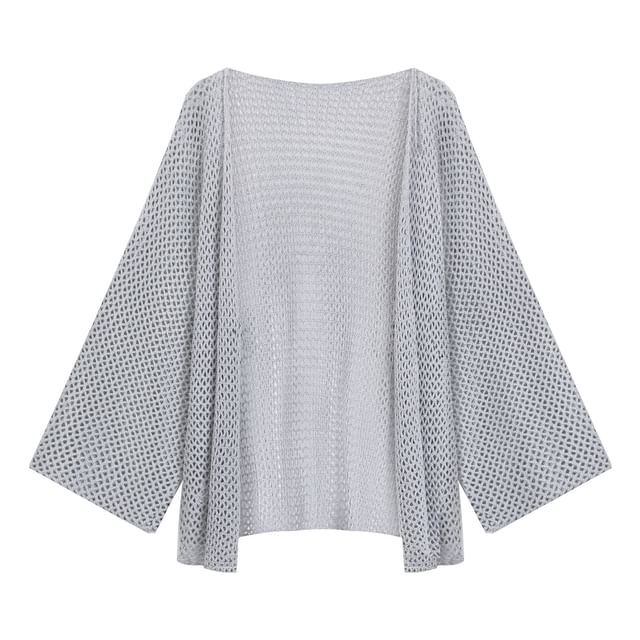 Spaghetti Strap Striped Mini Bodycon Dress / Flared-Sleeve Plain Pointelle Knit Cardigan