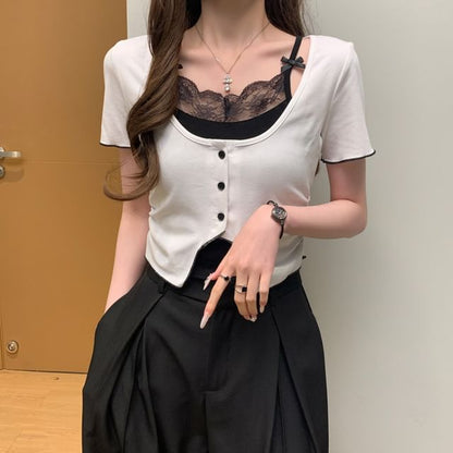 Mock Two-Piece Lace Trim Top