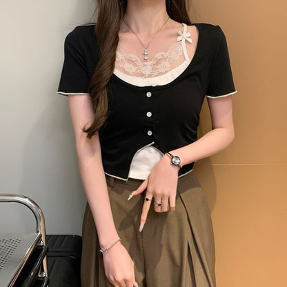 Mock Two-Piece Lace Trim Top