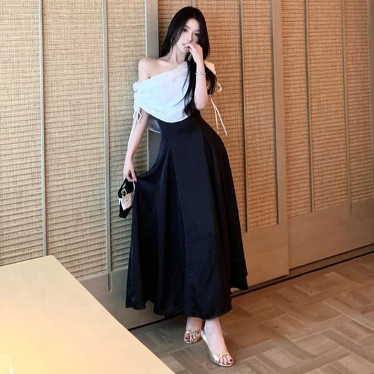 Dress One Shoulder A-Line Maxi Short Panel Drawstring Sleeve