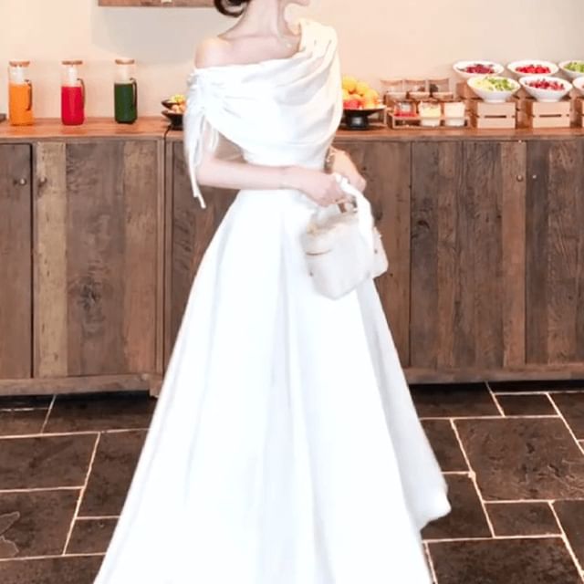 Dress One Shoulder A-Line Maxi Short Panel Drawstring Sleeve