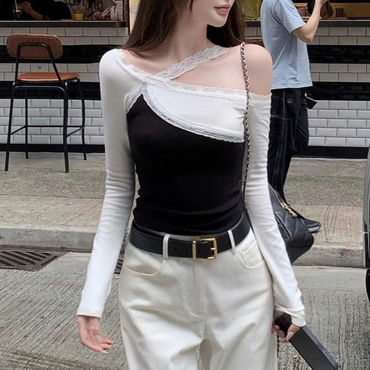 One-Shoulder Two Tone Lace Tee
