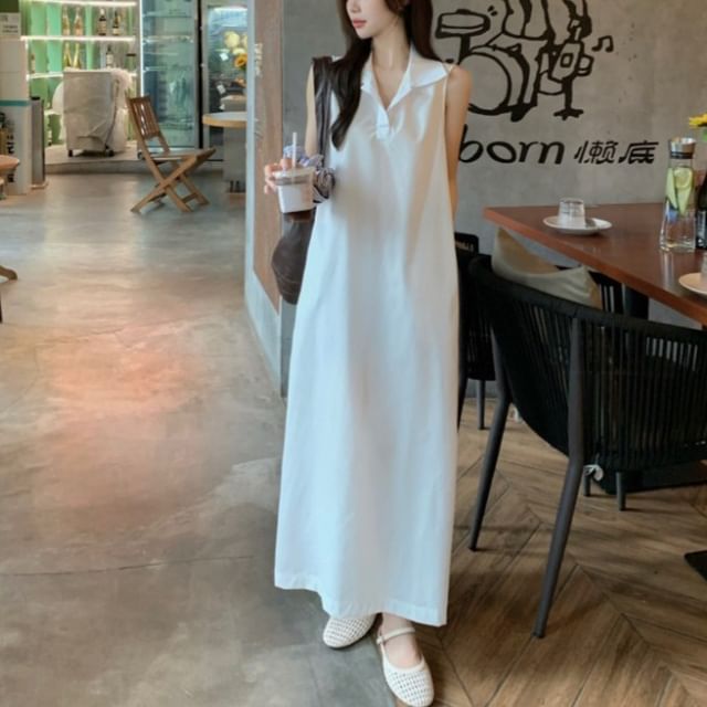 Dress Plain Maxi Collared A-Line Sleeveless