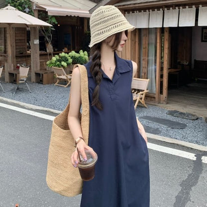 Dress Plain Maxi Collared A-Line Sleeveless