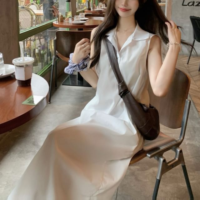 Dress Plain Maxi Collared A-Line Sleeveless
