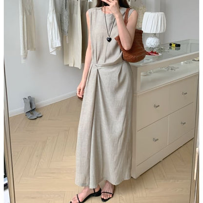 Sleeveless Ruched Plain Maxi Dress Neck Round A-Line