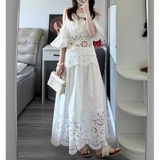Puff Sleeve Lace Blouse & A-Line Skirt