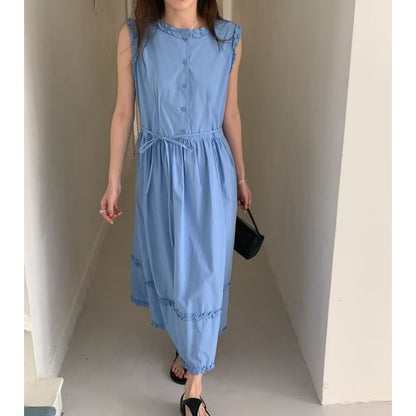 Sleeveless Dress Neck Maxi Plain Button A-Line Round Frill