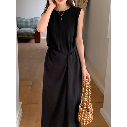 Sleeveless Ruched Plain Maxi Dress Neck Round A-Line