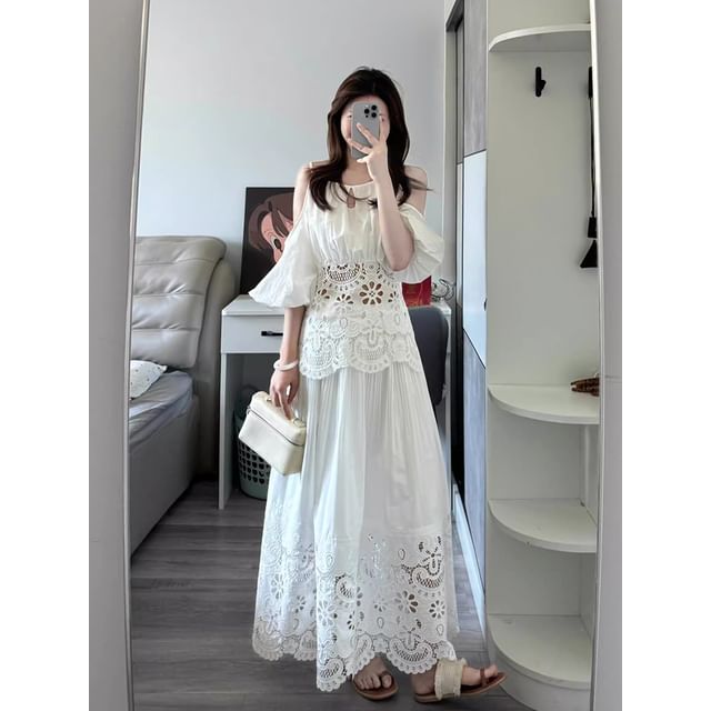Puff Sleeve Lace Blouse & A-Line Skirt