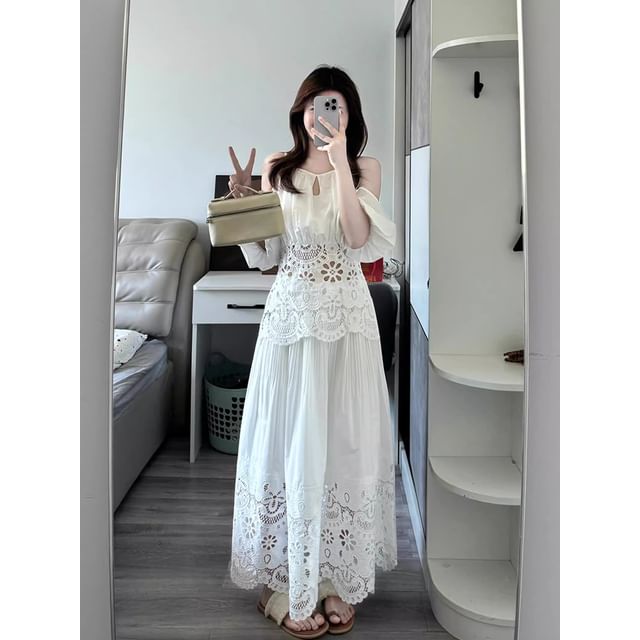 Puff Sleeve Lace Blouse & A-Line Skirt