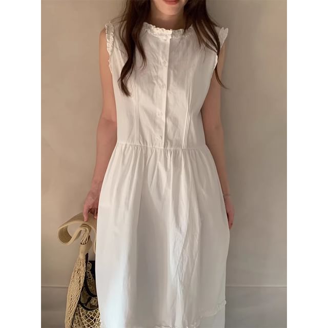 Sleeveless Dress Neck Maxi Plain Button A-Line Round Frill