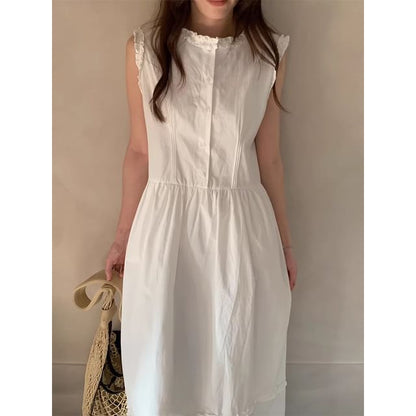 Sleeveless Dress Neck Maxi Plain Button A-Line Round Frill