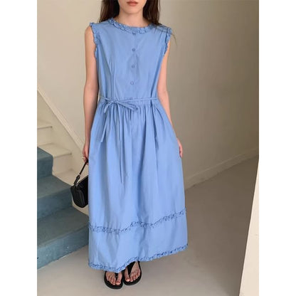 Sleeveless Dress Neck Maxi Plain Button A-Line Round Frill