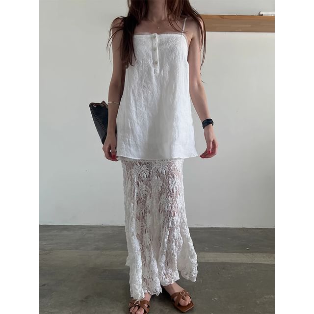 Button Cami & Lace Pencil Skirt