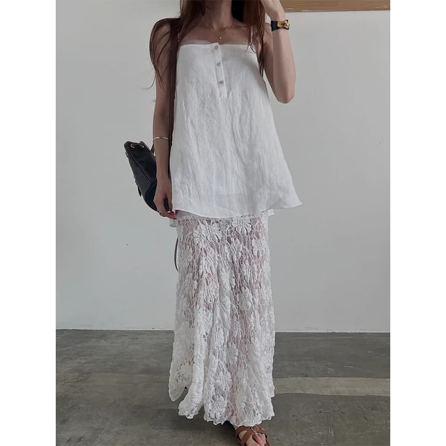 Button Cami & Lace Pencil Skirt