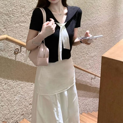 Short Sleeve V-Neck Top High Waist Maxi A-Line Skirt