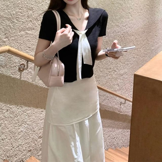 Short Sleeve V-Neck Top High Waist Maxi A-Line Skirt