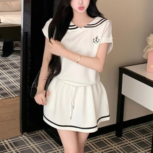 Short Sleeve Sailor Collar Polo Top Mini A-Line Skirt