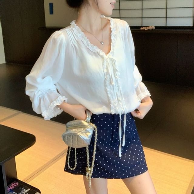 Long Sleeve V-Neck Frill Trim Plain Top Dotted Mini Skirt