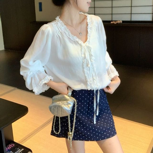 Long Sleeve V-Neck Frill Trim Plain Top Dotted Mini Skirt