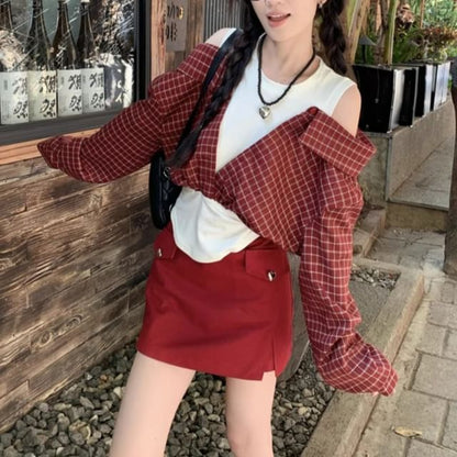 Mock Two Piece Long Sleeve Cold Shoulder Plaid Crop Top Mini Skirt
