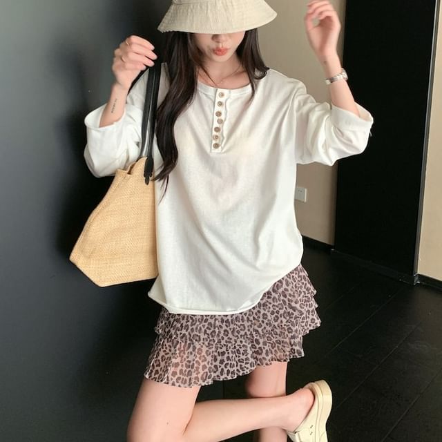 Long Sleeve Half Buttoned Plain Top Leopard Print Mini Skirt