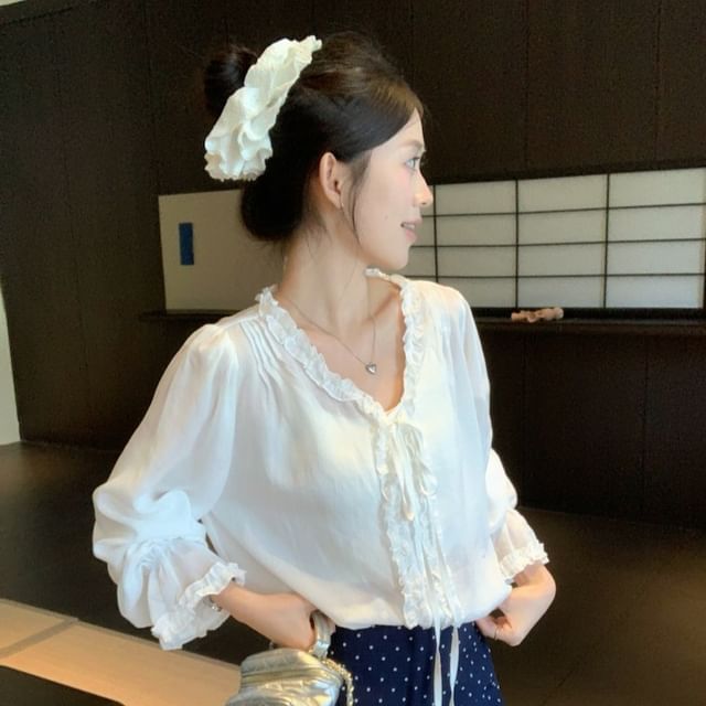 Long Sleeve V-Neck Frill Trim Plain Top Dotted Mini Skirt