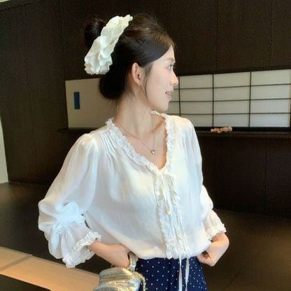 Long Sleeve V-Neck Frill Trim Plain Top Dotted Mini Skirt