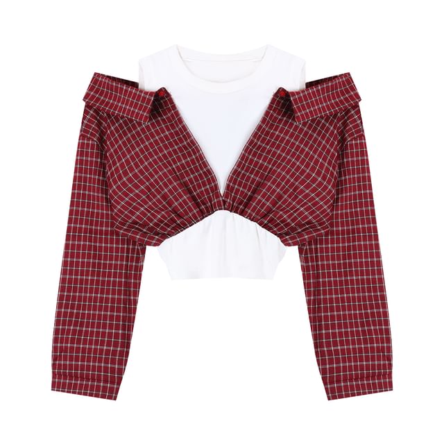 Mock Two Piece Long Sleeve Cold Shoulder Plaid Crop Top Mini Skirt