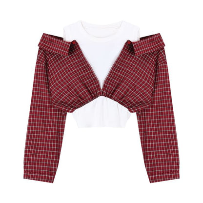 Mock Two Piece Long Sleeve Cold Shoulder Plaid Crop Top Mini Skirt