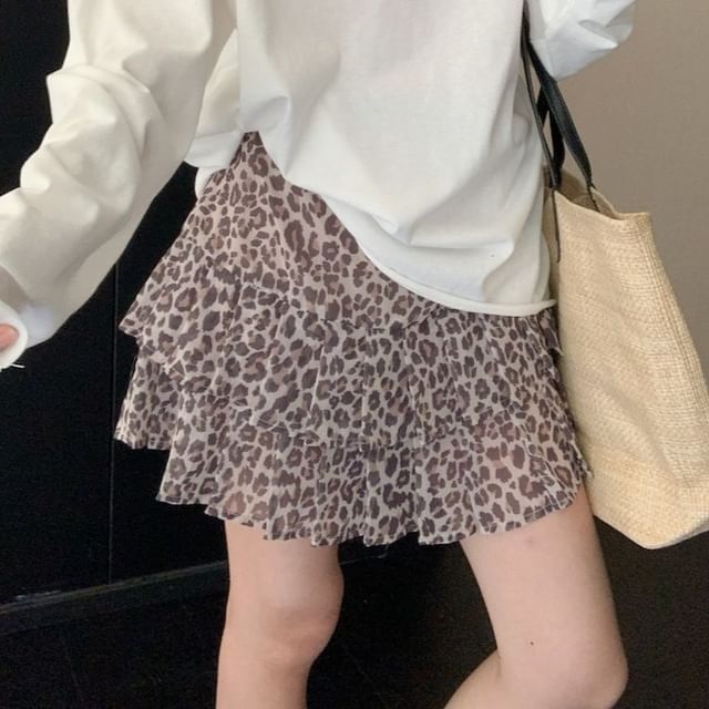 Long Sleeve Half Buttoned Plain Top Leopard Print Mini Skirt