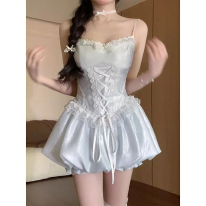 Spaghetti Strap Lace-Up Corset Plain Mini A-Line Dress / Long-Sleeve Shrug / Set