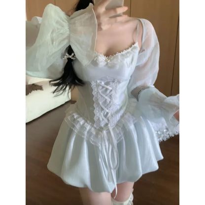 Spaghetti Strap Lace-Up Corset Plain Mini A-Line Dress / Long-Sleeve Shrug / Set
