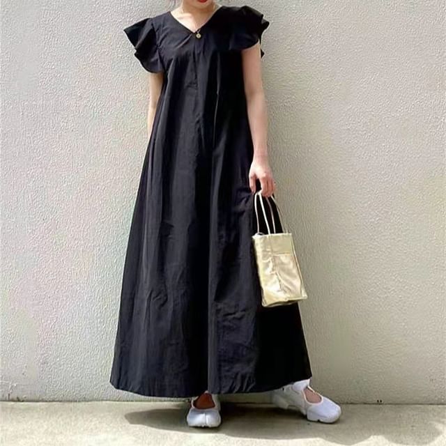 Sleeve Plain V-Neck Maxi A-Line Dress Flutter