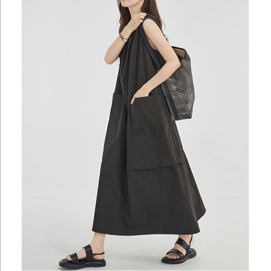 Sleeveless Round Neck Pocket A-Line Plain Panel Dress Maxi