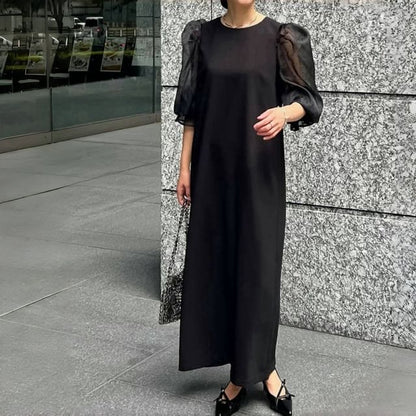 Maxi Round A-Line Panel Dotted Puff Sleeve Mesh Neck Dress