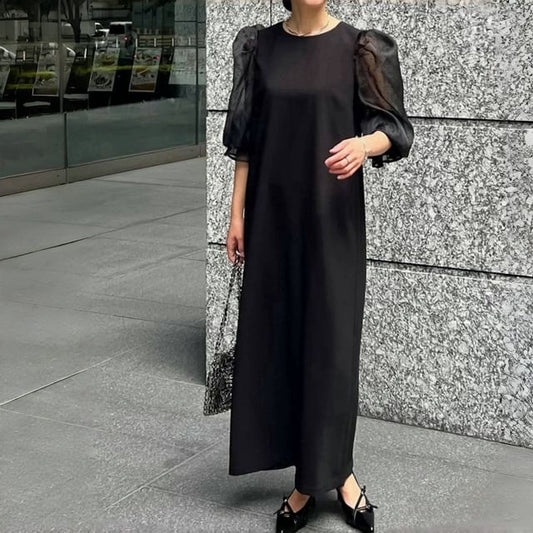 Maxi Round A-Line Panel Dotted Puff Sleeve Mesh Neck Dress