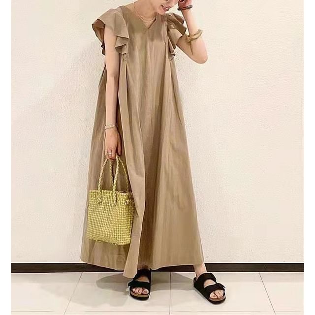 Sleeve Plain V-Neck Maxi A-Line Dress Flutter