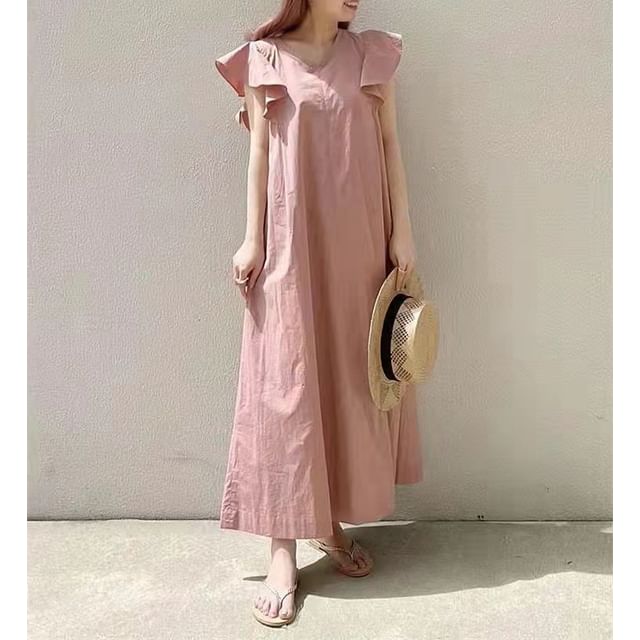 Sleeve Plain V-Neck Maxi A-Line Dress Flutter