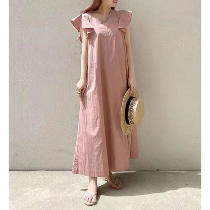 Sleeve Plain V-Neck Maxi A-Line Dress Flutter