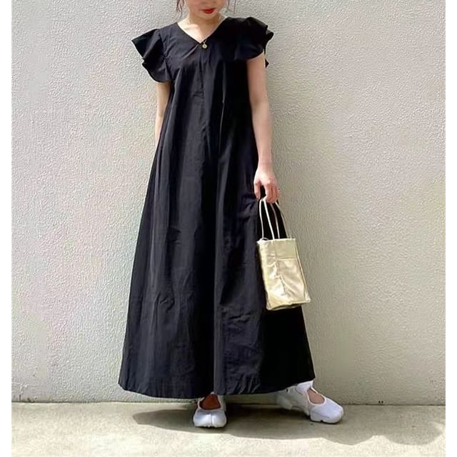 Sleeve Plain V-Neck Maxi A-Line Dress Flutter