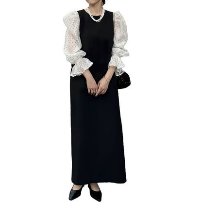 Maxi Round A-Line Panel Dotted Puff Sleeve Mesh Neck Dress