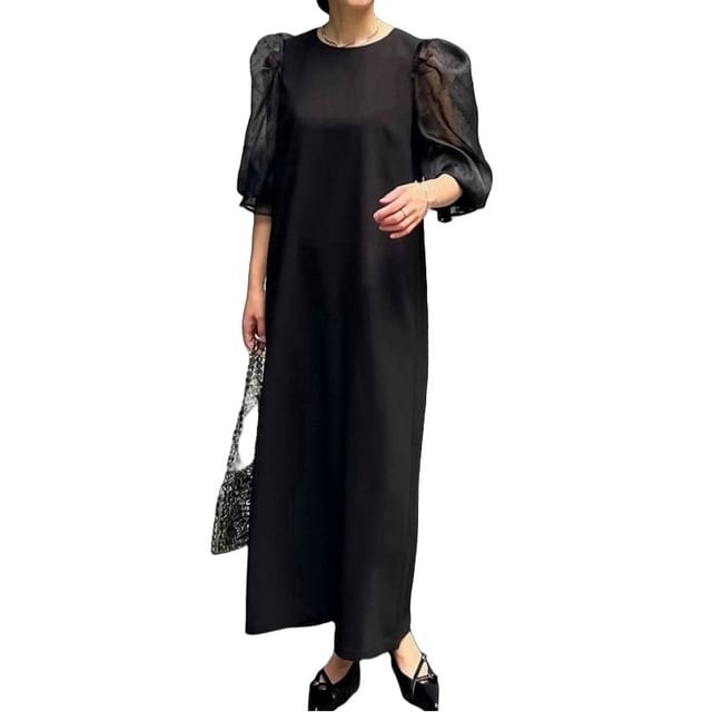 Maxi Round A-Line Panel Dotted Puff Sleeve Mesh Neck Dress