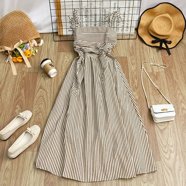 Striped Sleeveless Maxi A-Line Dress