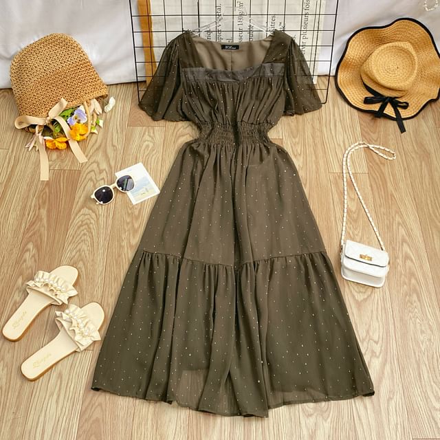 A-Line Short-Sleeve Maxi Neck Plain Square Dress