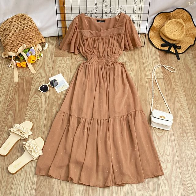 A-Line Short-Sleeve Maxi Neck Plain Square Dress