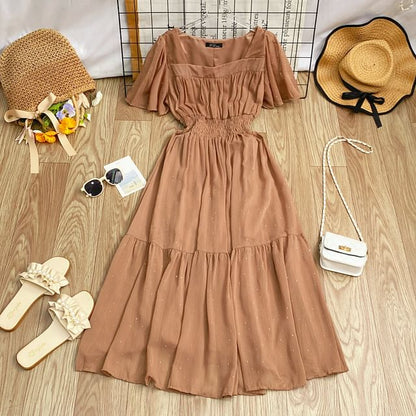 A-Line Short-Sleeve Maxi Neck Plain Square Dress