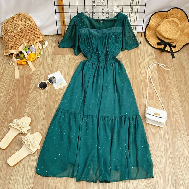 A-Line Short-Sleeve Maxi Neck Plain Square Dress